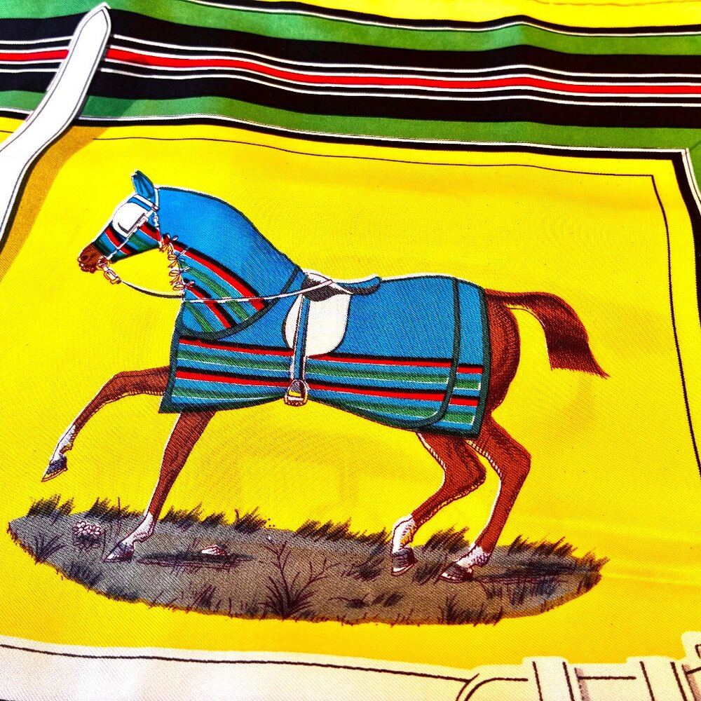 Hermes Paris 70's Scarf Yellow Silk Horses Couvertures Et Tenues De Jour New Box - Picture 7 of 16